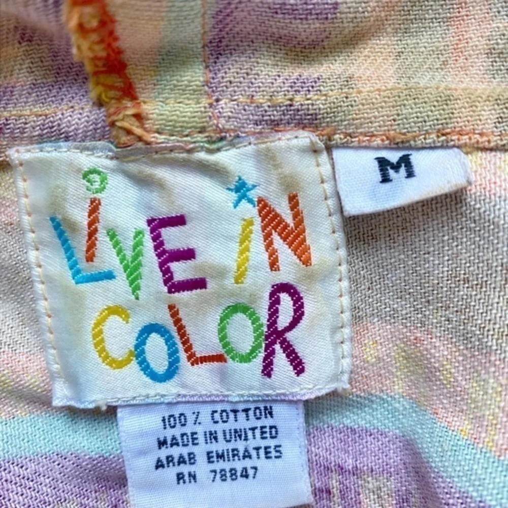 Live‎ in Color 1990’s Multicolored Stripe Aztec Sleeveless Jean Jacket w/ Hoodie